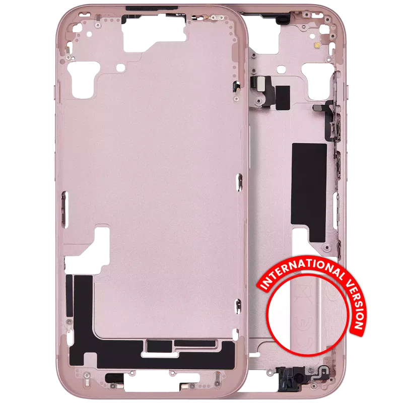 Střední rám (housing) s drobnými díly pro iPhone 15 (EU verze) (Aftermarket Plus) (růžová)