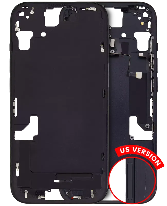 Střední rám (housing) s drobnými díly pro iPhone 15 (US verze) (Aftermarket Plus) (černá)