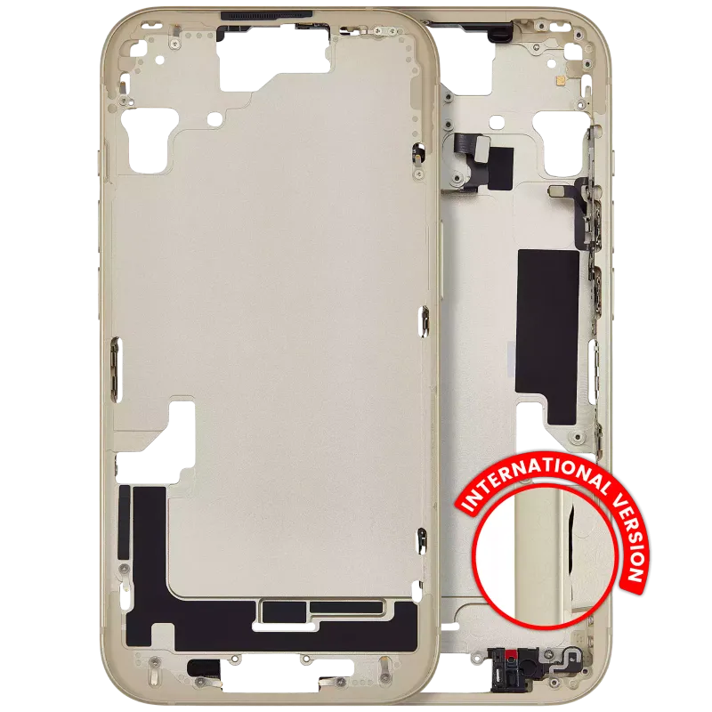 Střední rám (housing) s drobnými díly pro iPhone 15 (EU verze) (Aftermarket Plus) (žlutá)