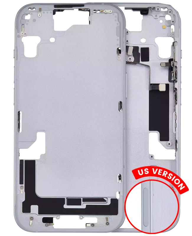 Střední rám (housing) s drobnými díly pro iPhone 15 (US verze) (Aftermarket Plus) (modrá)