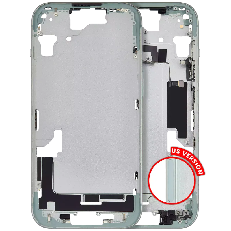 Střední rám (housing) s drobnými díly pro iPhone 15 (US verze) (Aftermarket Plus) (zelená)