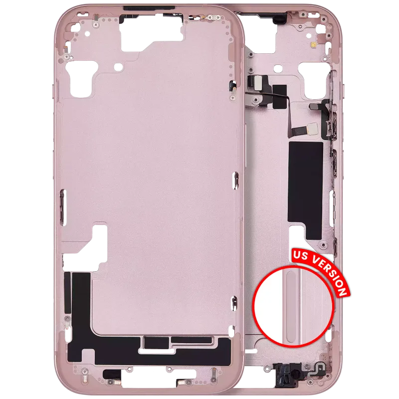 Střední rám (housing) s drobnými díly pro iPhone 15 (US verze) (Aftermarket Plus) (růžová)