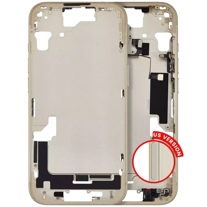 Střední rám (housing) s drobnými díly pro iPhone 15 (US verze) (Aftermarket Plus) (žlutá)