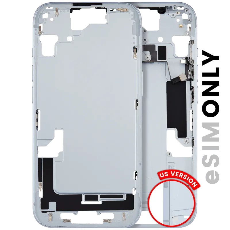 Střední rám (housing) s drobnými díly pro iPhone 15 (US verze) (originál z vyřazeného zařízení, stav C) (modrá)