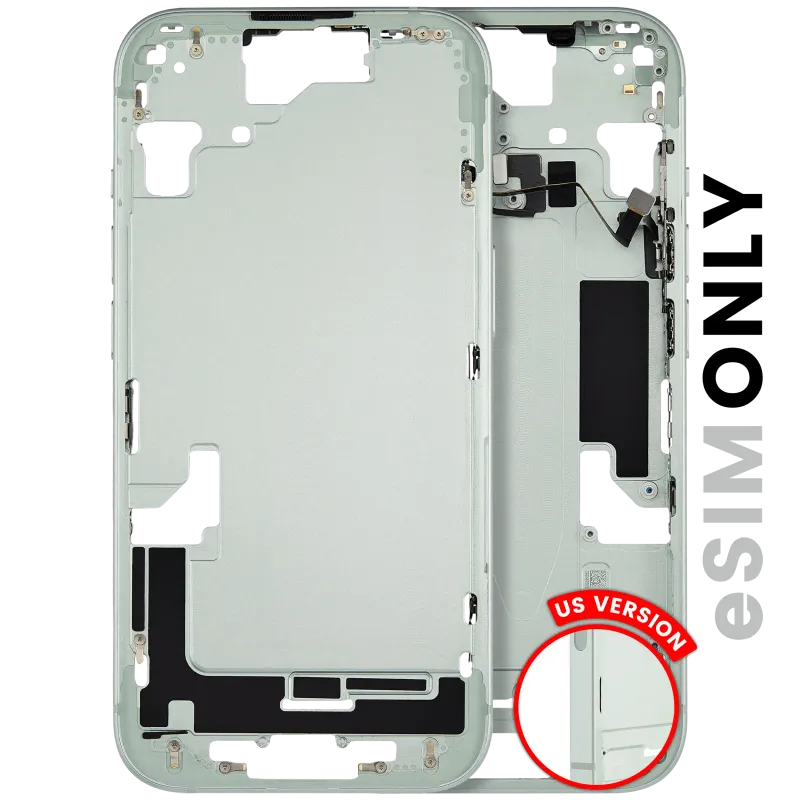 Střední rám (housing) s drobnými díly pro iPhone 15 (US verze) (originál z vyřazeného zařízení, stav C) (zelená)