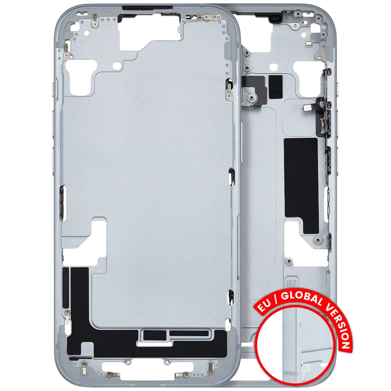 Střední rám (housing) s drobnými díly pro iPhone 15 (EU verze) (originál z vyřazeného zařízení, stav C) (modrá)