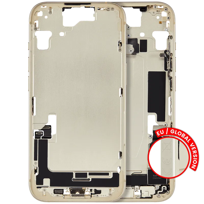 Střední rám (housing) s flexem nabíjecího konektoru a drobnými díly pro iPhone 15 (EU verze) (originál z vyřazeného zařízení, stav C) (žlutá)