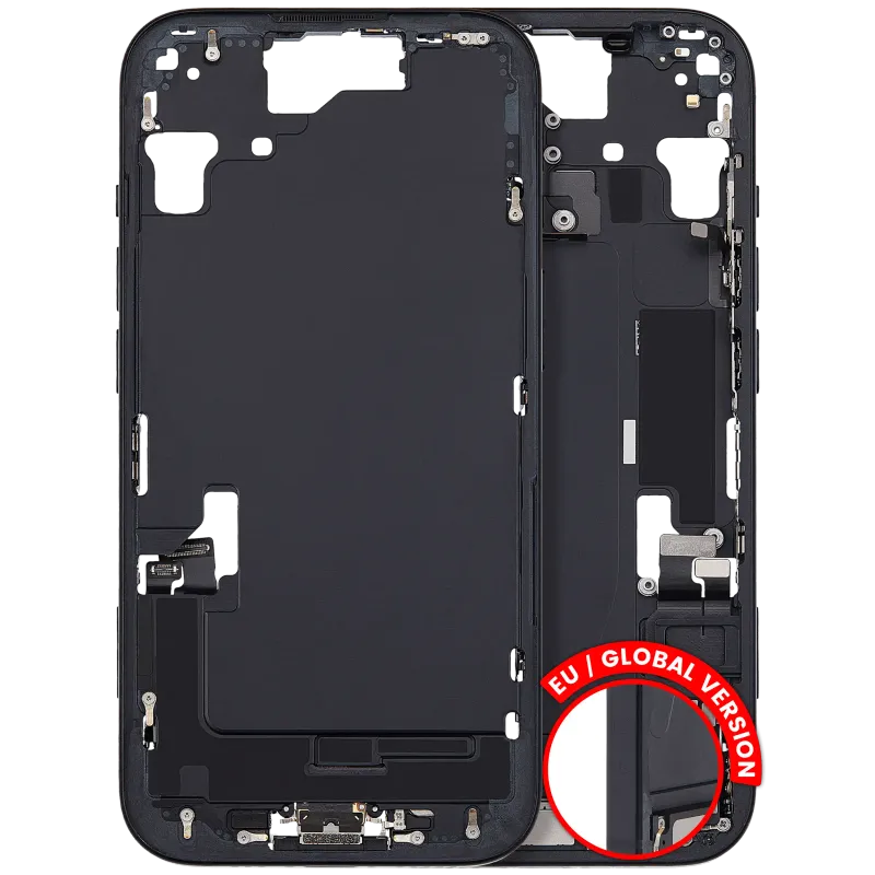 Střední rám (housing) s flexem nabíjecího konektoru a drobnými díly pro iPhone 15 (EU verze) (originál z vyřazeného zařízení, stav C) (černá)