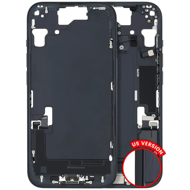 Střední rám (housing) s flexem nabíjecího konektoru a drobnými díly pro iPhone 15 (US verze) (originál z vyřazeného zařízení, stav C) (černá)
