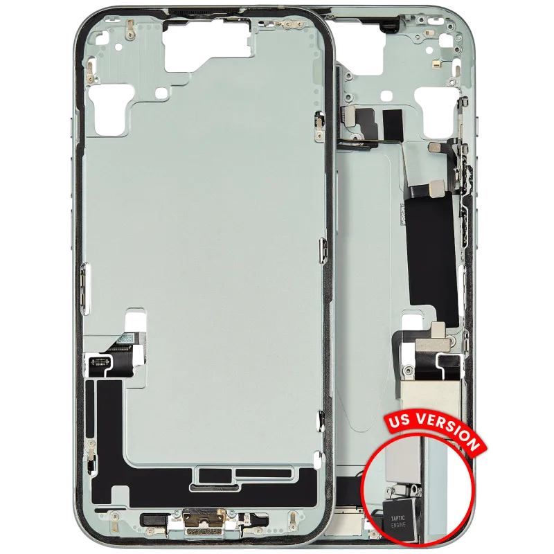 Střední rám (housing) s flexem nabíjecího konektoru a drobnými díly pro iPhone 15 (US verze) (originál z vyřazeného zařízení, stav C) (zelená)