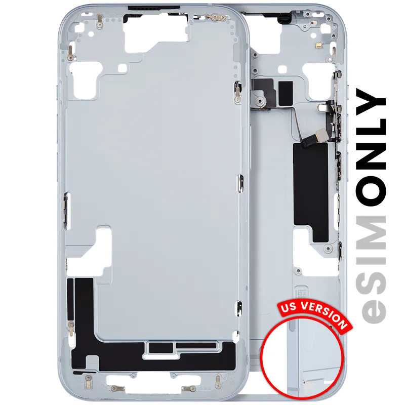 Střední rám (housing) s drobnými díly pro iPhone 15 (US verze) (originál z vyřazeného zařízení, stav B) (modrá)