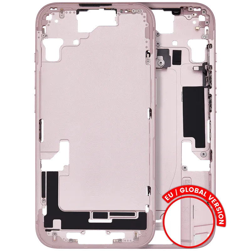 Střední rám (housing) s drobnými díly pro iPhone 15 (EU verze) (originál z vyřazeného zařízení, stav B) (růžová)