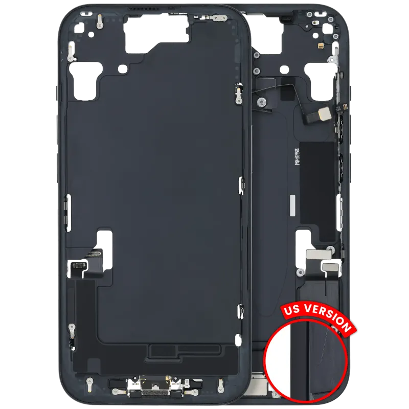 Střední rám (housing) s flexem nabíjecího konektoru a drobnými díly pro iPhone 15 (US verze) (originál z vyřazeného zařízení, stav B) (černá)