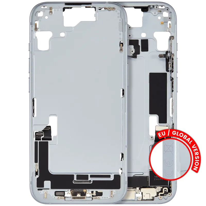 Střední rám (housing) s flexem nabíjecího konektoru a drobnými díly pro iPhone 15 (EU verze) (originál z vyřazeného zařízení, stav B) (modrá)