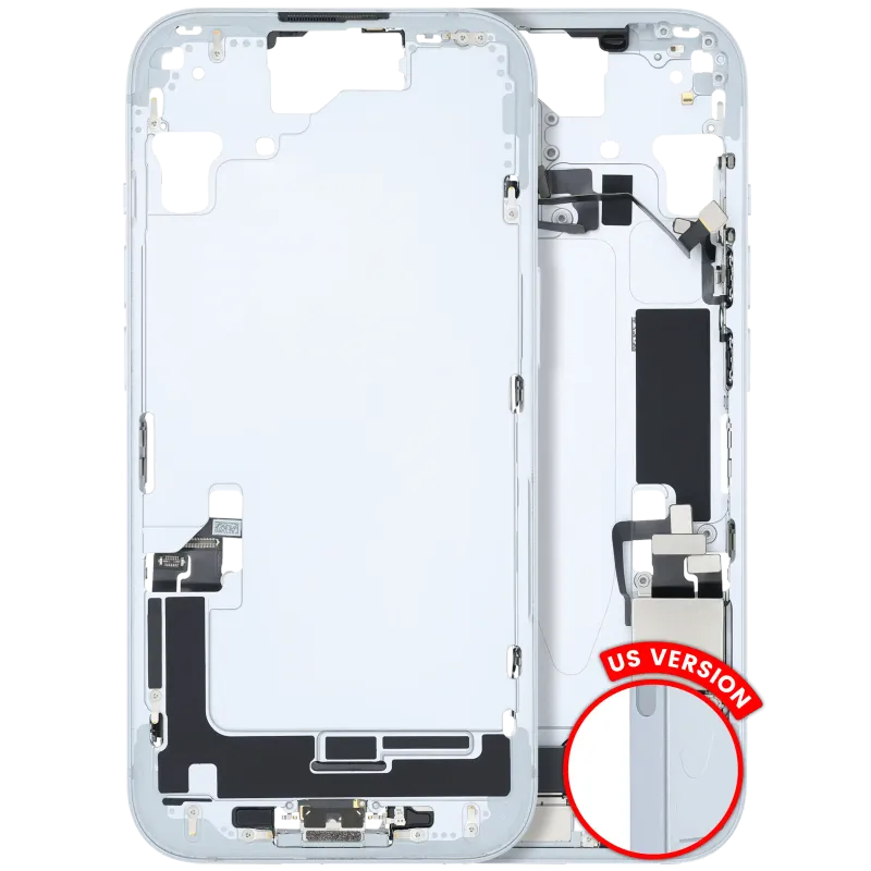 Střední rám (housing) s flexem nabíjecího konektoru a drobnými díly pro iPhone 15 (US verze) (originál z vyřazeného zařízení, stav B) (modrá)