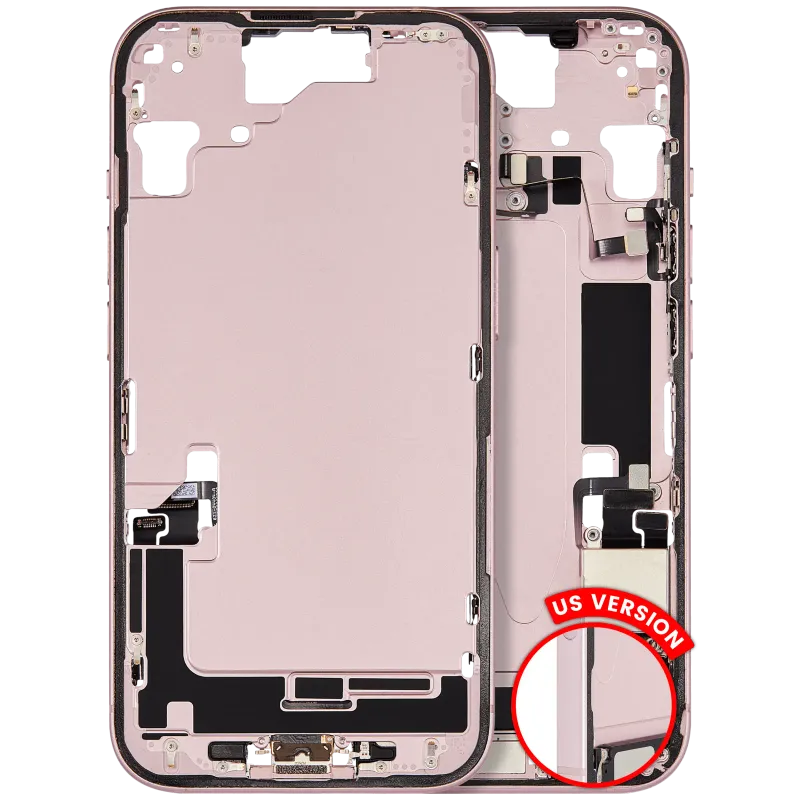 Střední rám (housing) s flexem nabíjecího konektoru a drobnými díly pro iPhone 15 (US verze) (originál z vyřazeného zařízení, stav B) (růžová)