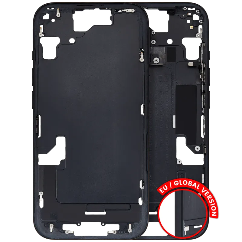Střední rám (housing) s drobnými díly pro iPhone 15 (EU verze) (originál z vyřazeného zařízení, stav B) (černá)