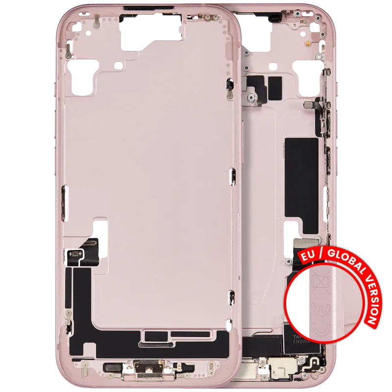 Střední rám (housing) s flexem nabíjecího konektoru a drobnými díly pro iPhone 15 (EU verze) (originál z vyřazeného zařízení, stav B) (růžová)
