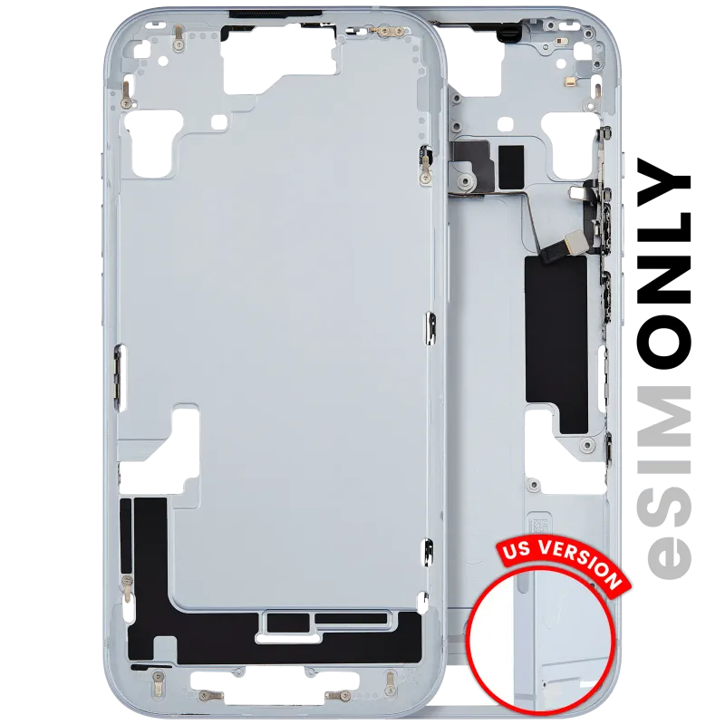Střední rám (housing) s drobnými díly pro iPhone 15 (US verze) (originál z vyřazeného zařízení, stav A) (modrá)