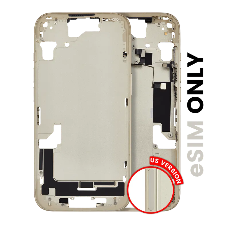 Střední rám (housing) s drobnými díly pro iPhone 15 (US verze) (originál z vyřazeného zařízení, stav A) (žlutá)