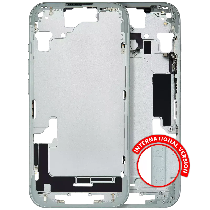 Střední rám (housing) s drobnými díly pro iPhone 15 (EU verze) (originál z vyřazeného zařízení, stav A) (zelená)