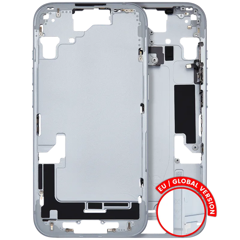 Střední rám (housing) s drobnými díly pro iPhone 15 (EU verze) (originál z vyřazeného zařízení, stav A) (modrá)