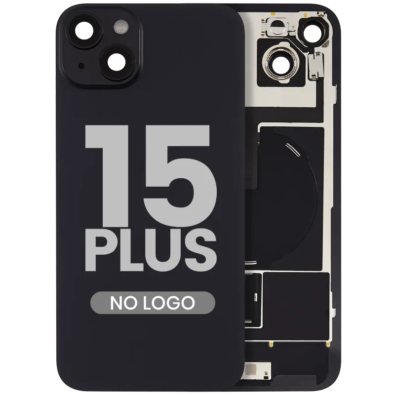 Zadní sklo s magnetem MagSafe, NFC a flexem blesku pro iPhone 15 Plus (bez loga) (Aftermarket) (černá)