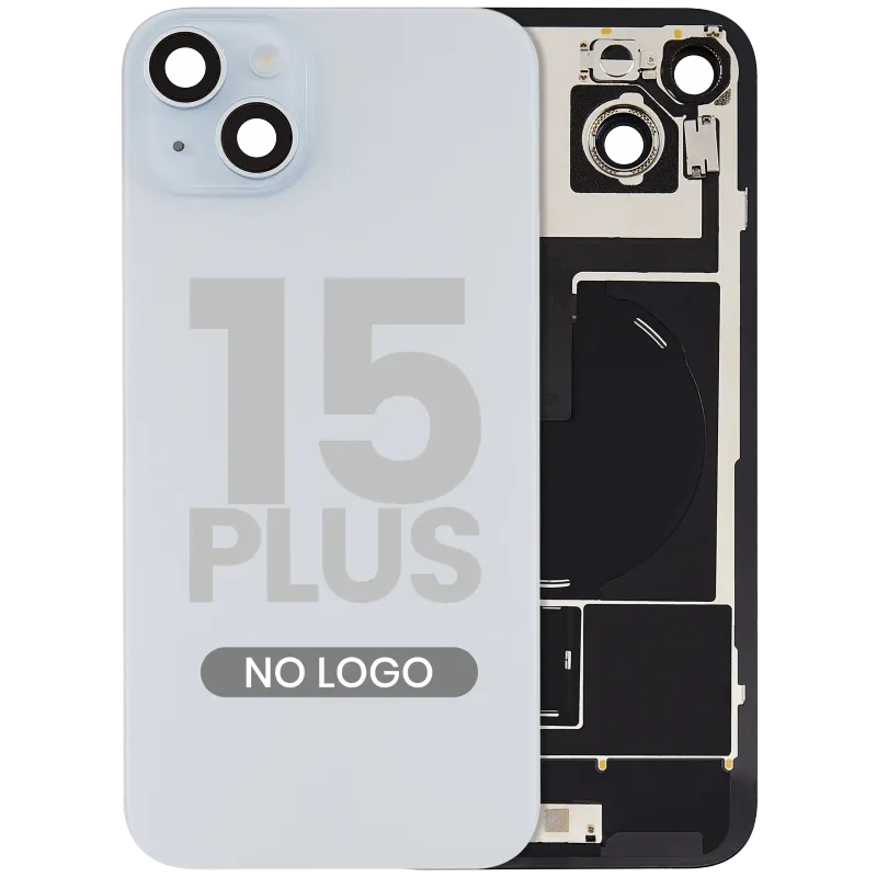 Zadní sklo s magnetem MagSafe, NFC a flexem blesku pro iPhone 15 Plus (bez loga) (Aftermarket) (modrá)