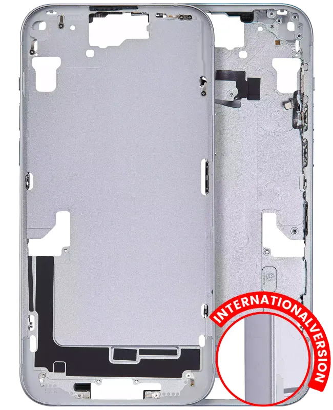 Střední rám (housing) s drobnými díly pro iPhone 15 Plus (EU verze) (Aftermarket Plus) (modrá)