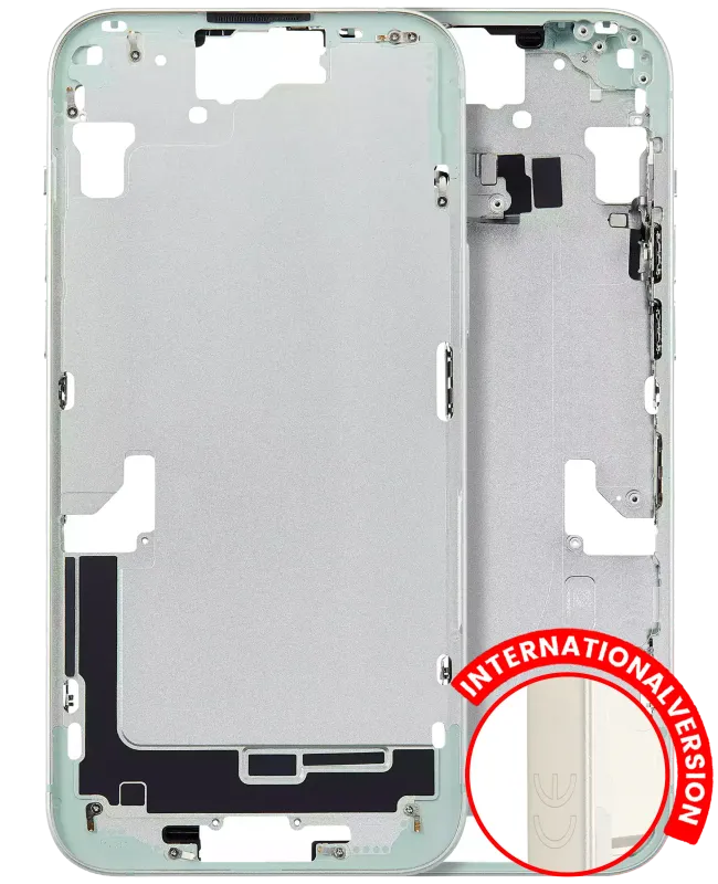 Střední rám (housing) s drobnými díly pro iPhone 15 Plus (EU verze) (Aftermarket Plus) (zelená)