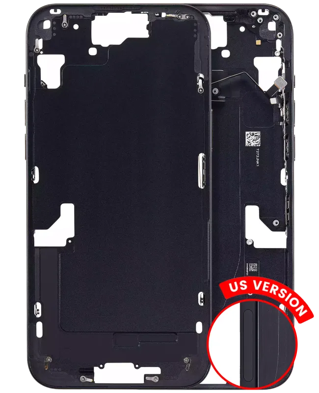 Střední rám (housing) s drobnými díly pro iPhone 15 Plus (US verze) (Aftermarket Plus) (černá)