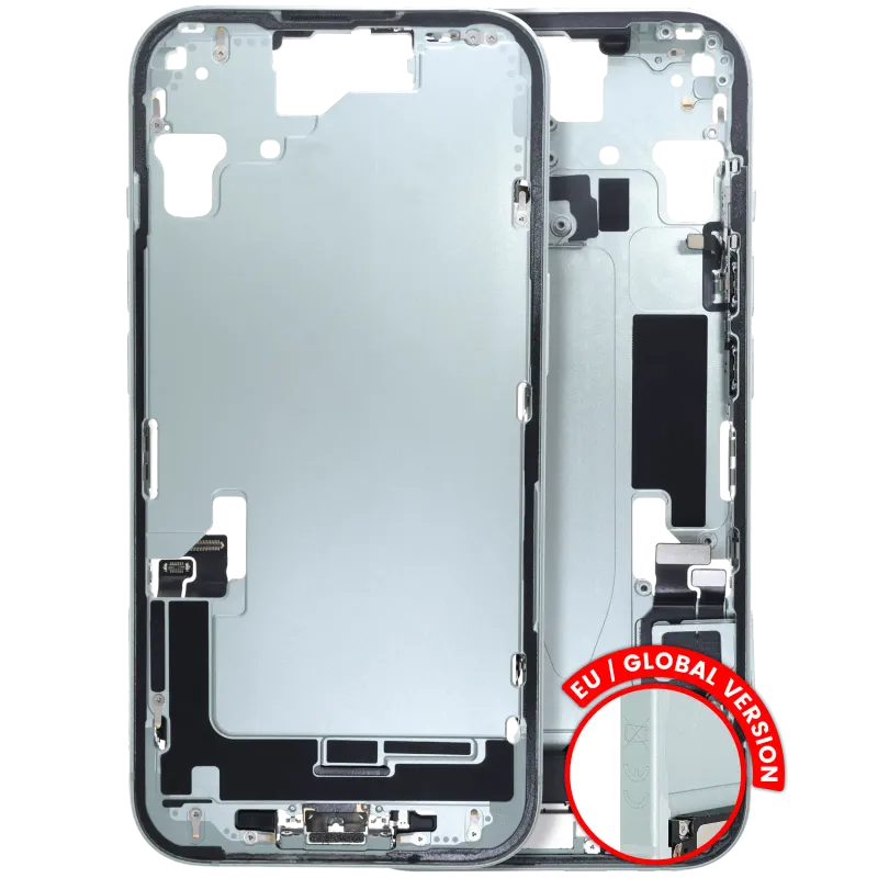 Střední rám (housing) s flexem nabíjecího konektoru a drobnými díly pro iPhone 15 (EU verze) (originál z vyřazeného zařízení, stav A) (zelená)