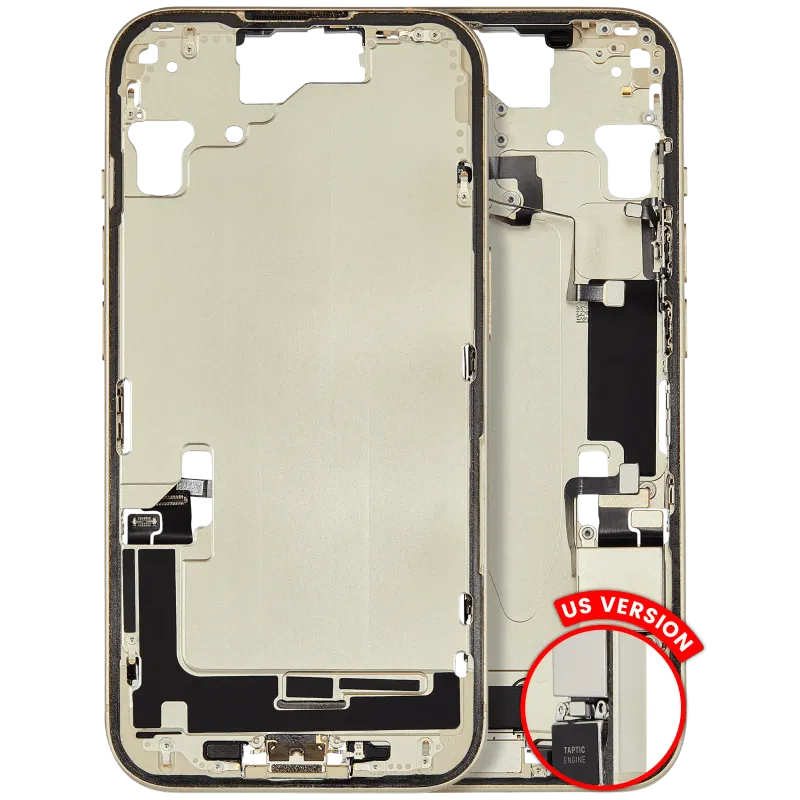 Střední rám (housing) s flexem nabíjecího konektoru a drobnými díly pro iPhone 15 (US verze) (originál z vyřazeného zařízení, stav A) (žlutá)