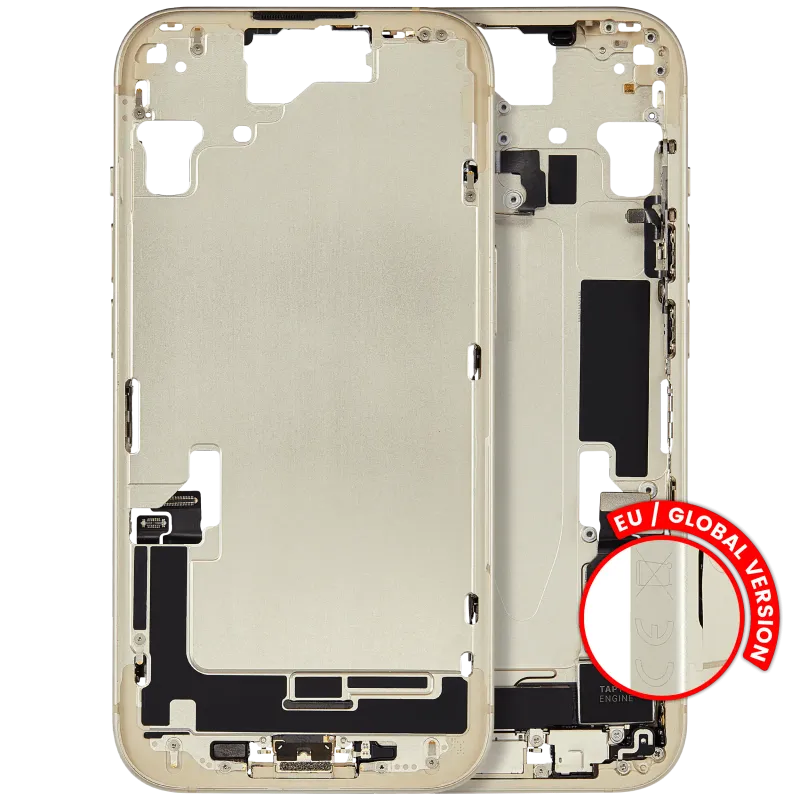 Střední rám (housing) s flexem nabíjecího konektoru a drobnými díly pro iPhone 15 (EU verze) (originál z vyřazeného zařízení, stav A) (žlutá)