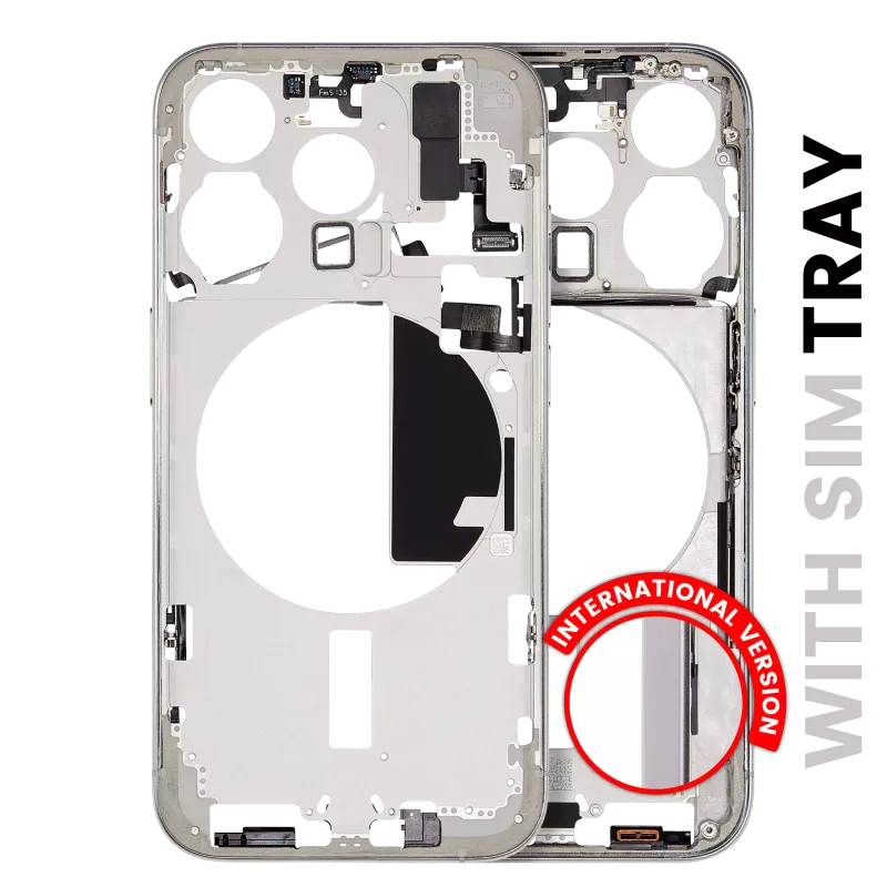 Střední rám (housing) s drobnými díly pro iPhone 15 Pro (EU verze) (Aftermarket Plus) (bílý titan)
