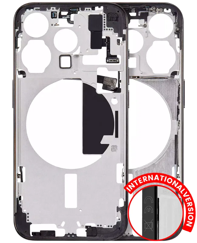 Střední rám (housing) s drobnými díly pro iPhone 15 Pro (EU verze) (Aftermarket Plus) (černý titan)