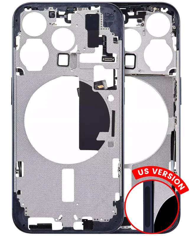 Střední rám (housing) s drobnými díly pro iPhone 15 Pro (US verze) (Aftermarket Plus) (modrý titan)