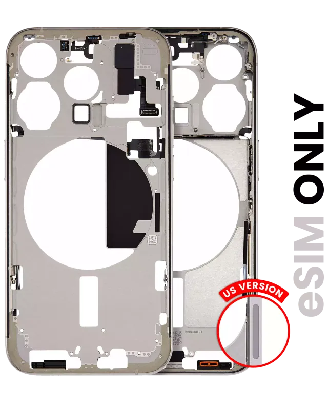 Střední rám (housing) s drobnými díly pro iPhone 15 Pro (US verze) (originál z vyřazeného zařízení, stav C) (přírodní titan)