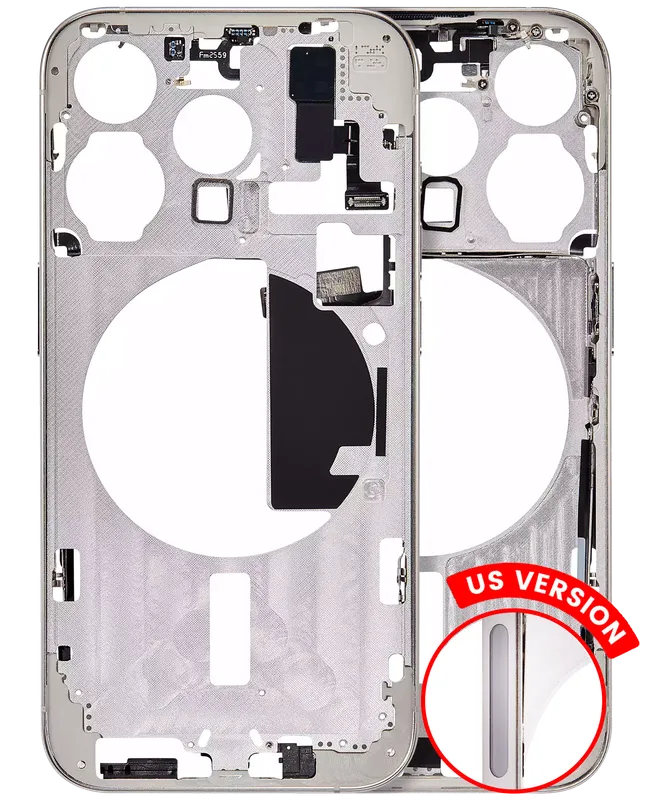 Střední rám (housing) s drobnými díly pro iPhone 15 Pro (US verze) (Aftermarket Plus) (bílý titan)