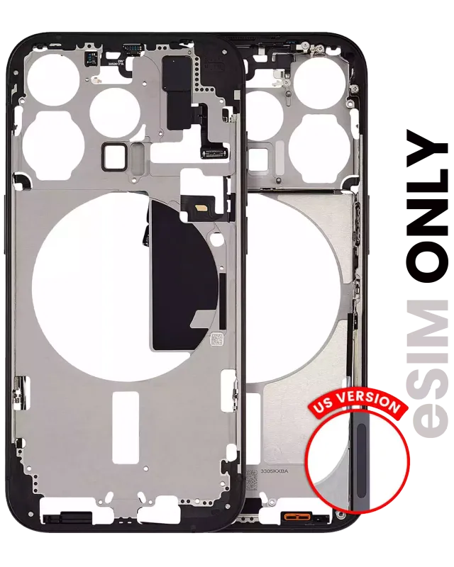 Střední rám (housing) s drobnými díly pro iPhone 15 Pro (US verze) (originál z vyřazeného zařízení, stav C) (černý titan)