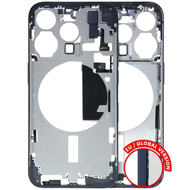Střední rám (housing) s drobnými díly pro iPhone 15 Pro (EU verze) (originál z vyřazeného zařízení, stav C) (modrý titan)