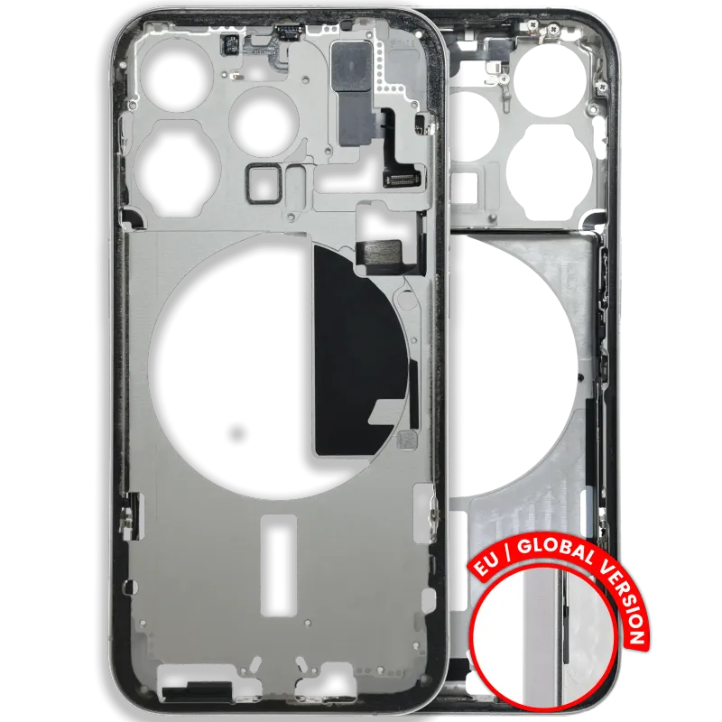 Střední rám (housing) s drobnými díly pro iPhone 15 Pro (EU verze) (originál z vyřazeného zařízení, stav C) (bílý titan)