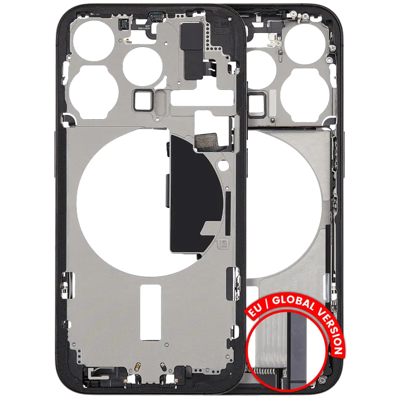 Střední rám (housing) s flexem nabíjecího konektoru a drobnými díly pro iPhone 15 Pro (EU verze) (originál z vyřazeného zařízení, stav C) (černý titan)
