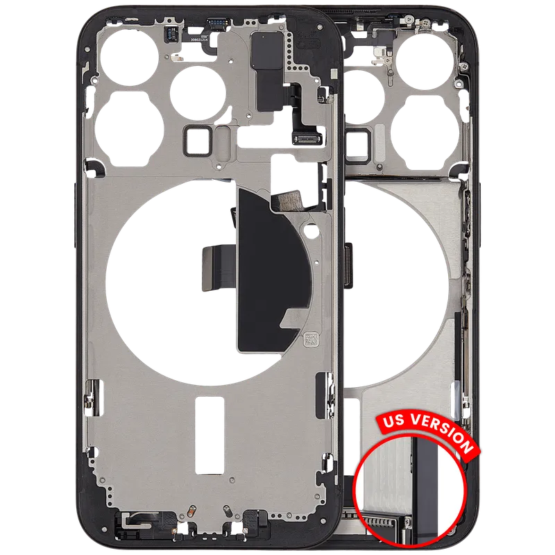 Střední rám (housing) s flexem nabíjecího konektoru a drobnými díly pro iPhone 15 Pro (US verze) (originál z vyřazeného zařízení, stav C) (černý titan)