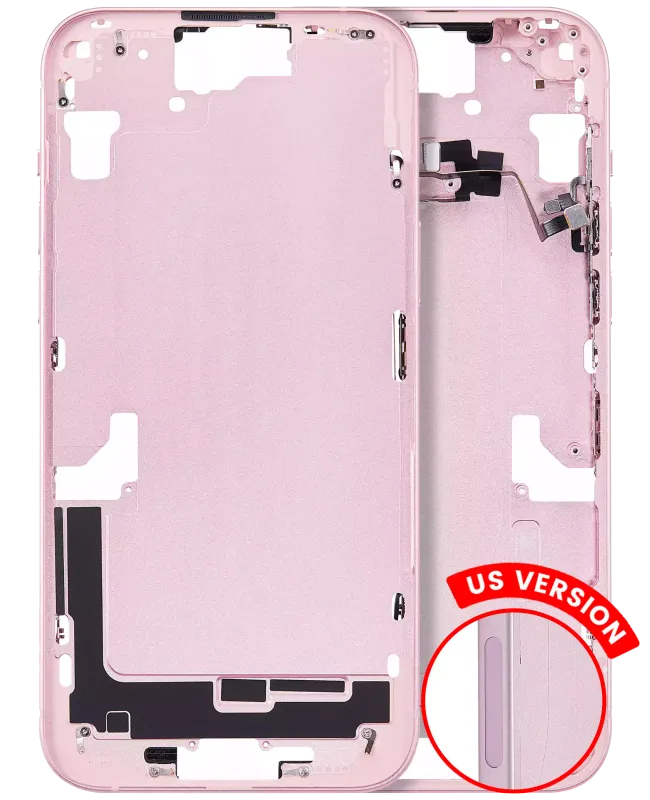Střední rám (housing) s drobnými díly pro iPhone 15 Plus (US verze) (Aftermarket Plus) (růžová)