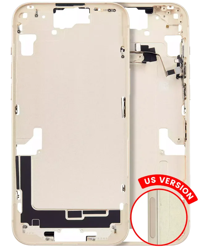 Střední rám (housing) s drobnými díly pro iPhone 15 Plus (US verze) (Aftermarket Plus) (žlutá)