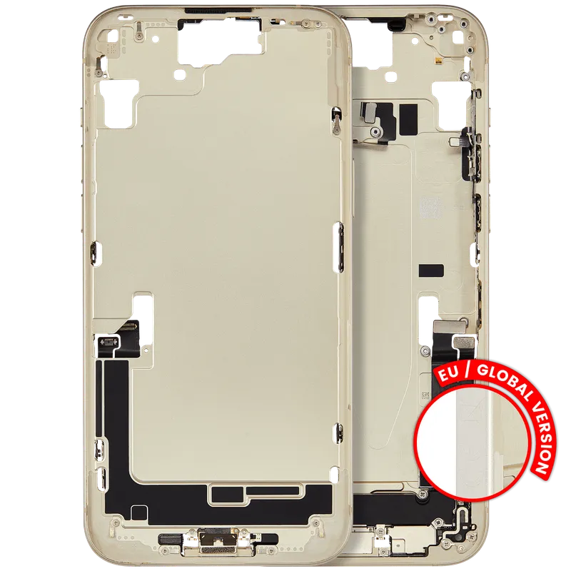 Střední rám (housing) s flexem nabíjecího konektoru a drobnými díly pro iPhone 15 Plus (EU verze) (originál z vyřazeného zařízení, stav C) (žlutá)