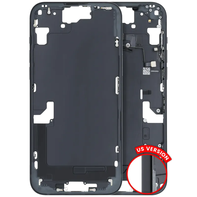Střední rám (housing) s drobnými díly pro iPhone 15 Plus (US verze) (originál z vyřazeného zařízení, stav C) (černá)