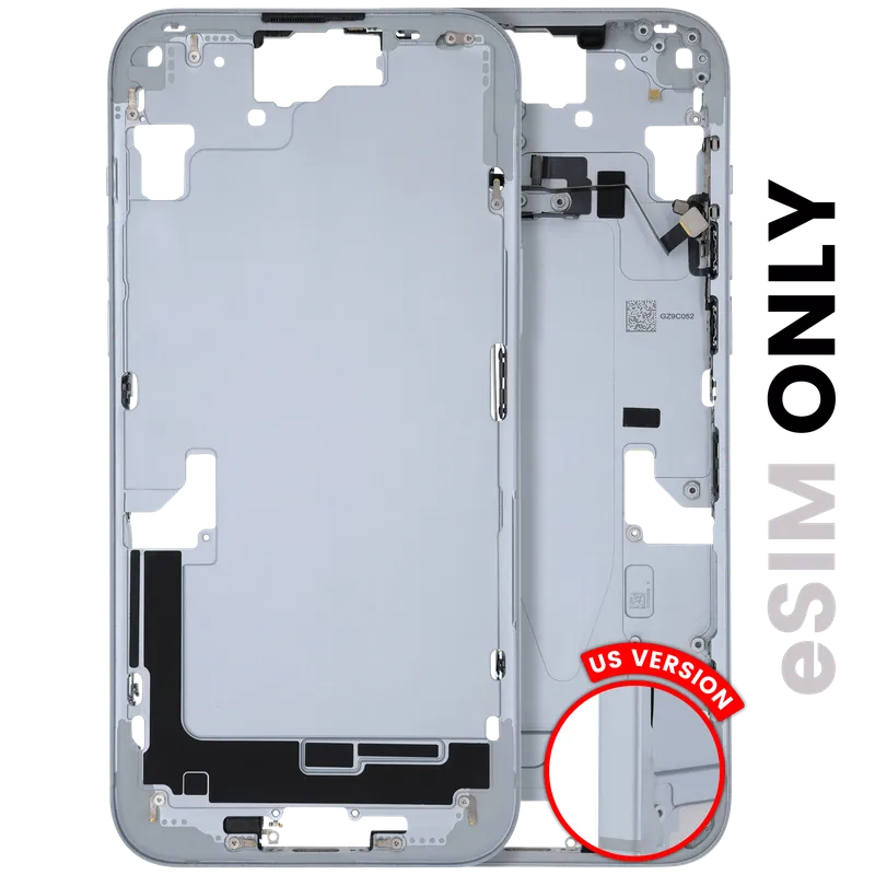 Střední rám (housing) s drobnými díly pro iPhone 15 Plus (US verze) (originál z vyřazeného zařízení, stav C) (modrá)