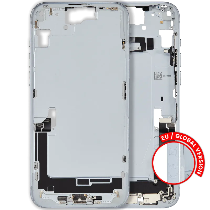 Střední rám (housing) s flexem nabíjecího konektoru a drobnými díly pro iPhone 15 Plus (EU verze) (originál z vyřazeného zařízení, stav C) (modrá)